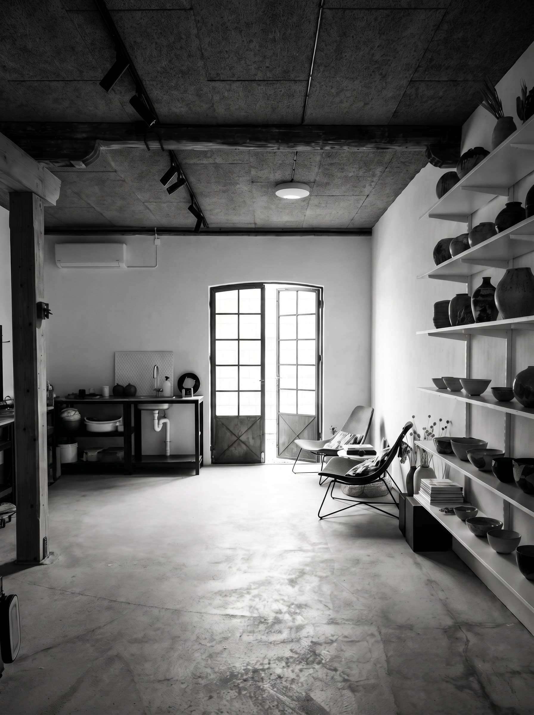 Interior of Julia Martin's studio in Lund, with shelves of ceramics