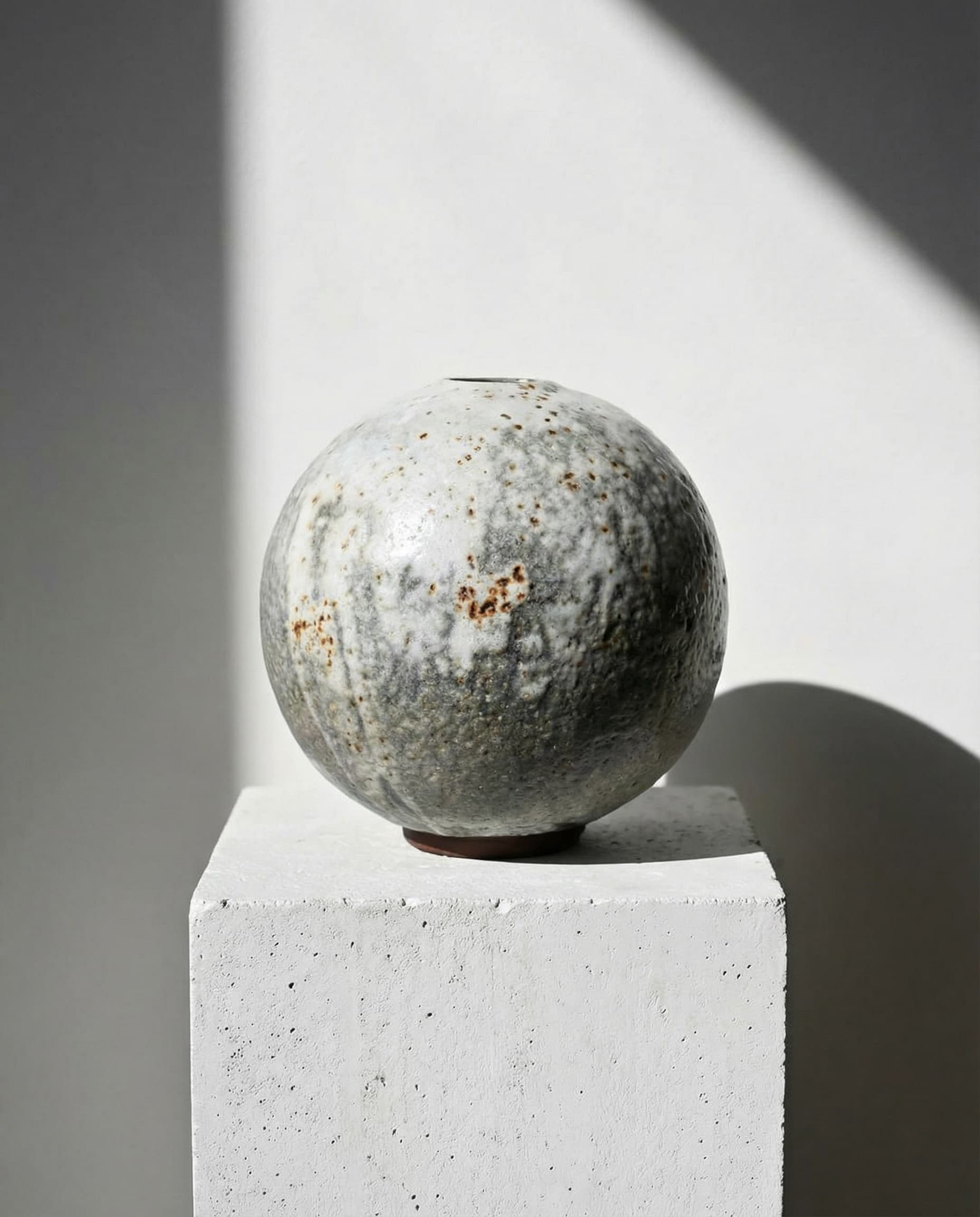 A speckled stoneware vase resting on a concrete plinth in sunlight