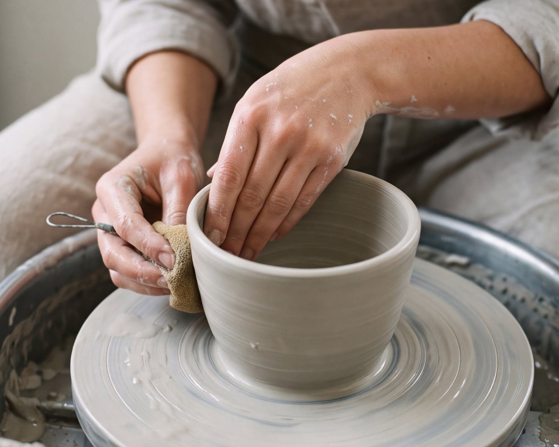 Hands shaping a cup on the pottery wheel at Julia Martin's studio in Lund